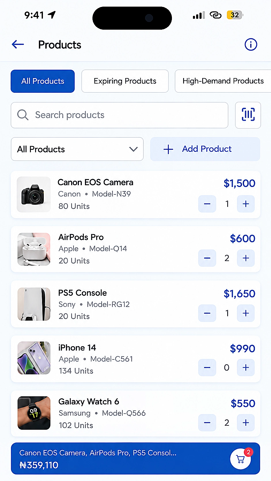PRIVM products list with search, barcode scan, filters, and a cart summary
